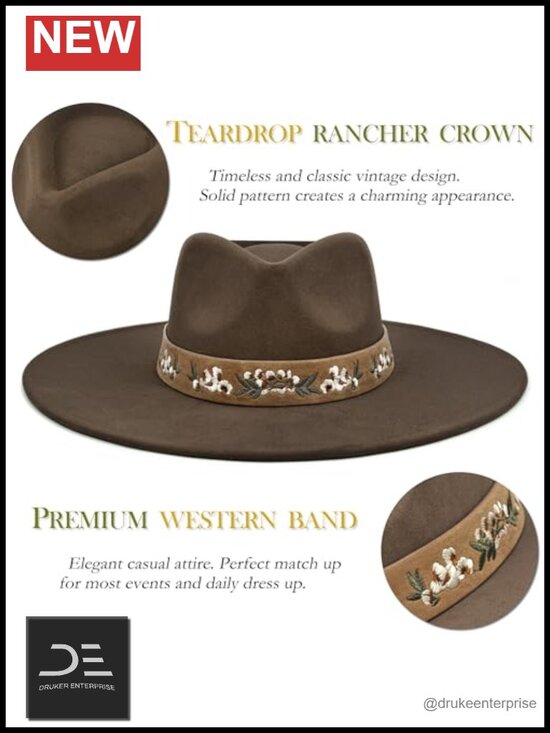 Wide Brim Suede Fedora Hat - Unisex Western Rancher Hat main image 5
